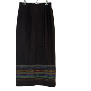 Joan Leslie Straight Skirt Women's 12 Brown Midi Wrap Front Stripe Embroidered